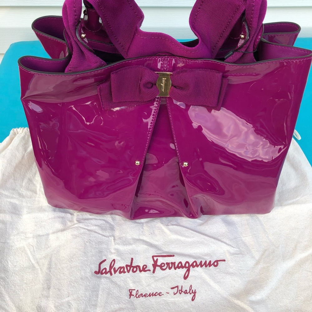 Salvatore Ferragamo Purple Patent Leather Tote Bag